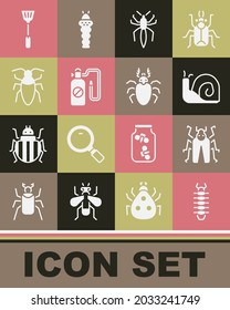 Set Centipede, Beetle bug, Snail, Spider, Pressure sprayer, Cockroach, Fly swatter and deer icon. Vector