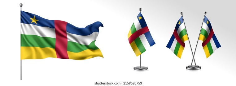 Set of Central African Republic waving flag on isolated background vector illustration. 3 CAR wavy realistic flag as a patriotic symbol