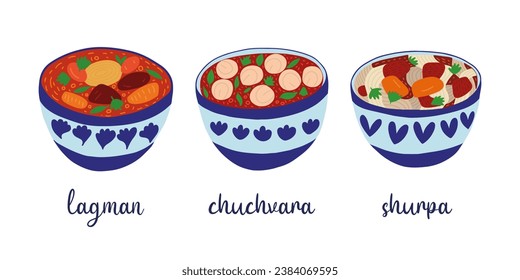 Set of central Asian cuisine soups cartoon style. Lagman, chuchvara and shurpa in bowl set of soups vector