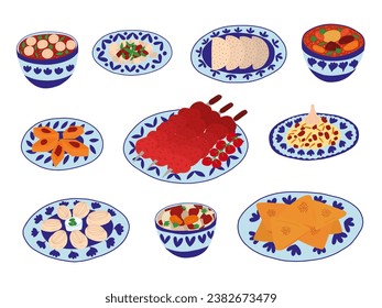 Set of Central Asian food cuisine dishes in cartoon style. Different kinds of central Asian cuisine samsa, shorpa, shashlik, pilaf, lagman soup and beshbarmak vector set