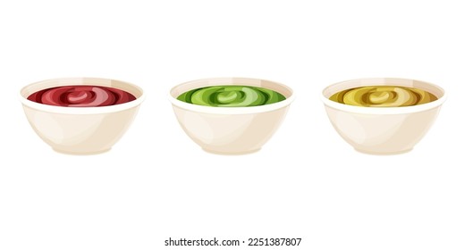 Ponga un tazón de cerámica con salsas de baño en forma de caricatura, tomate, mostaza, guacamole aislado sobre fondo blanco.