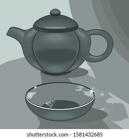 set ceramic bowl and teapot in gray colors with shadows, color vector illustration