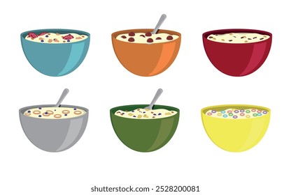 Conjunto de tigelas de cerâmica com cereal, café da manhã, leite, chocolate e bagas. Conceito de alimentação saudável. Pratos de sopa coloridos realistas com bebida de leite isolados no fundo branco. Ilustração vetorial.
