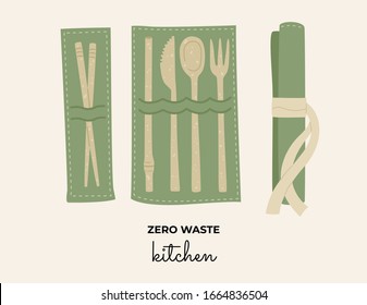 Set of ceramic Chinese cutlery and chopsticks, straw, knife, spoon and fork. Zero waste concept, recycle material. Vector illustration in flat cartoon style, isolated on white background