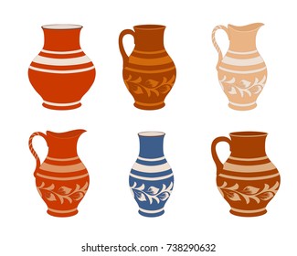 Set of ceramic crockery. Collection jugs in different variation. Rustic pottery utensils, colorful vector illustration for your design. Horizontal location.