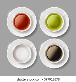 Set of ceramic cups with beverages of coffee, green and brown tea. Stock vector illustration.