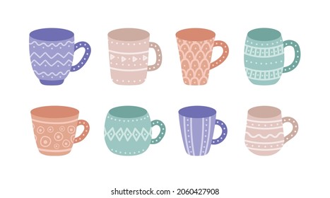 set of ceramic cups decorated with geometric ornaments