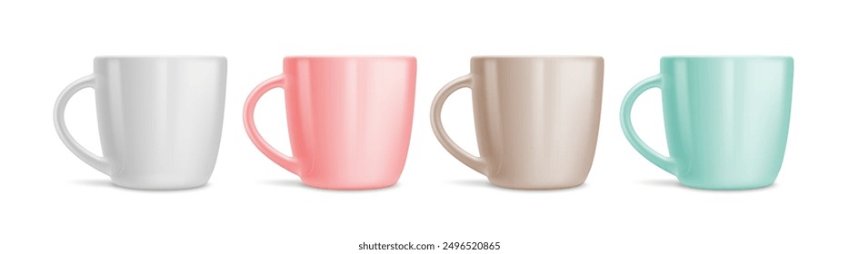 Set of ceramic cups for drinks and coffee for breakfast. Mockup, template for advertising. White, pink, brown and green colors. Isolated on white background vector