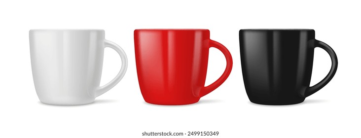 Set of ceramic cups for drinks and coffee for breakfast. Mockup, template for advertising. White, red and black colors. Isolated on white background vector 