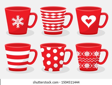 Set of ceramic cups for drinks with different design, red and white colors. Vector illustration