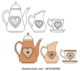 Set of ceramic dishes: coffee pot, milk jug and cup. Color and linear drawing on a white background.