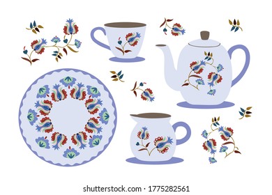 A set of ceramic dishes with a flower pattern - a teapot, a cup, a saucer and a milk jug. Tea set with oriental ornaments isolated on a white background. Tea time. Vector flat illustration.