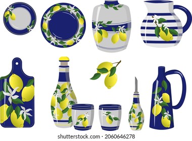 A set of ceramic dishes - plates, jugs, a vase and cutting board, glasses and an oil can. Italian pattern with yellow lemons. Vector illustration for use in prints, fabrics, advertisements, flyers