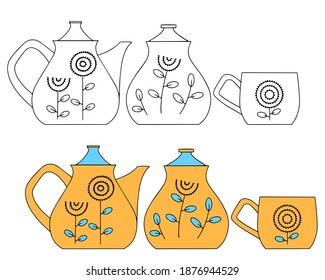 Conjunto de platos de cerámica: tetera, tazón de azúcar y taza. Color y dibujo lineal sobre un fondo blanco.