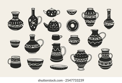 Conjunto de pratos cerâmicos, vasos, bules de chá, canecas, silhuetas pretas, formas, desenhado à mão, vetor,