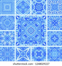 Set of ceramic Dutch tile design for web, invitation and interrior design. Majolica pottery blue and white azulejo, original ottoman, Portuguese and Spain decor.