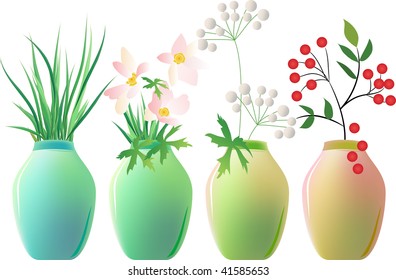 A set of ceramic jars with plants