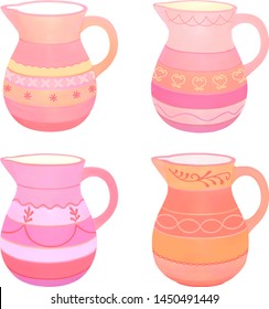 Set of ceramic jugs isolated on white background. Colored clayware with hand made ornament. Vector illustration