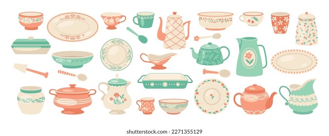 Set of ceramic kitchen utensils. Porcelain tableware or decorative crockery. Bowl, plate, teapot, cup, spoon, jar, vase and mug with floral patterns. Cartoon flat vector collection isolated on white