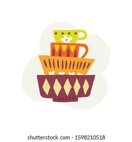 Set of ceramic kitchenware, bowls and mugs. Hand drawn kitchen print. Vector illustration 