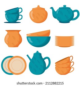 Set ceramic kitchenware. Cute handmade ceramic plates, mugs, sugar bowl, teapots, dishes. Kitchen tools, pottery. Flat vector illustration