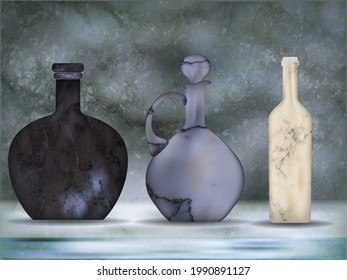 Set of ceramic or marble flower pots, wine bottles, vintage vases. Realistic vector empty pots on marble background. Different colors antique ceramic dishes. Vector design