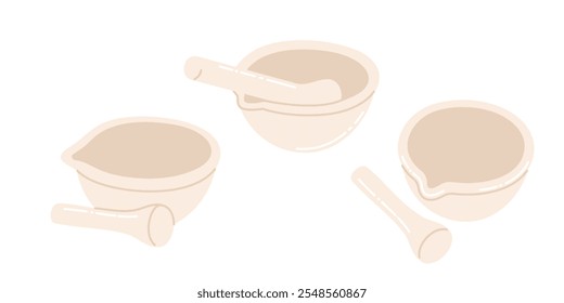 Set of ceramic mortar and pestle are hand drawn. Concept of medical, chemical ware. Porcelain bowl for grinding ingredients.