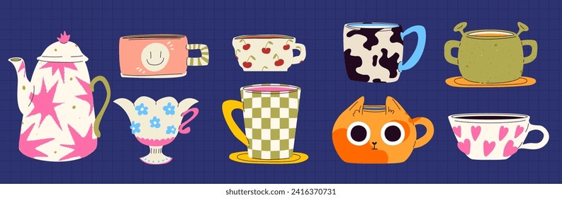 A set of ceramic mugs and a groovy style teapot. With different textures and patterns and prints. Organic shapes. Vector contemporary illustration. 