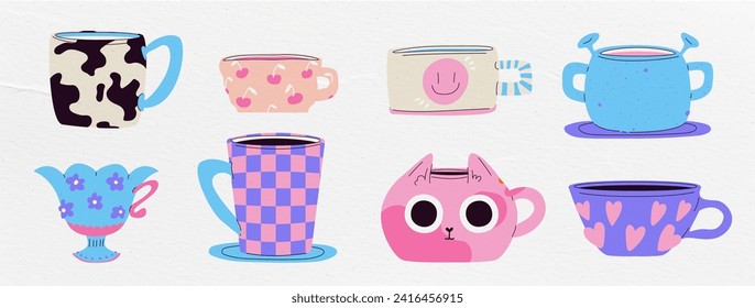 A set of ceramic mugs and a groovy style. With different textures and patterns and prints. Organic shapes. Vector contemporary illustrationю