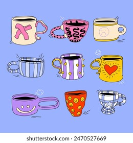 Set of ceramic mugs. Handmade, ceramics, cup, mug, drink. Color vector illustration.	