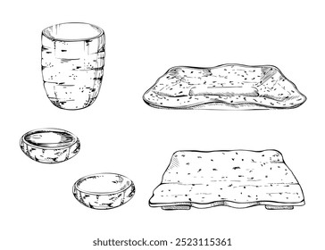 Set of ceramic plate dish tray cup for hobby, handmade, food. Hand drawn in vector pen and ink. Isolated illustration for pottery shop logo, art class, print, website, restaurant cafe menu, booklet.