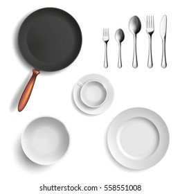 Set of ceramic plates and utensils. Isolated on white background. Stock vector illustration