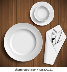 Set of ceramic plates and utensils. Stand on a wooden table. Fork and knife in a white napkin. Stock vector illustration.