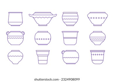 Set ceramic pots in minimalist linear style. Vector illustration with  bowl of various shapes. Vase with decorative elements. Editable stroke. Perfect home decor designs