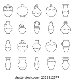 Set ceramic pots in minimalist linear style. Vector illustration with  bowl for liquids of various shapes and handles. Vase with decorative elements. Perfect home decor designs