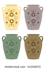 set of ceramic pots with ornaments. vector