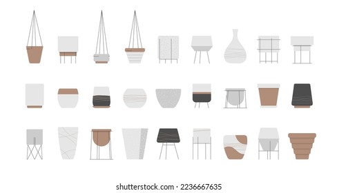 Conjunto de macetas de cerámica para plantas con soporte y jarrones de estilo plano con contorno. Plantilla aislada para el diseño interior del hogar. Ilustración vectorial de la maceta de flores vacía.