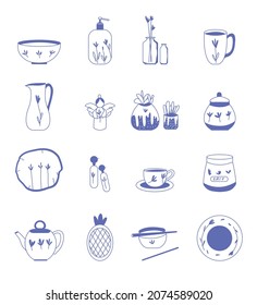 
Set of ceramic products icons in the same style. Tableware line drawing. Vector illustration.
