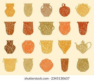 Set of ceramic products with texture. Vector flat illustration of mugs, bowls, pitchers and vases silhouettes. Fireclay pots and vases. Set is perfect for design ceramics art studio