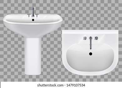 Conjunto de lavabos rectangulares de cerámica con grifo de agua. Puesto de lavado de porcelana. Vista frontal y superior. Pruebe el lavabo de cerámica con faucet para baño y baño. Ilustración vectorial sobre fondo transparente.