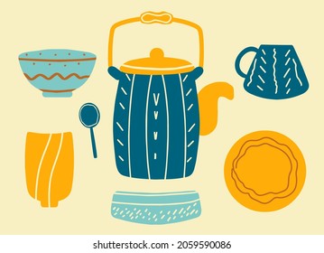 Set of ceramic tableware with design elements. Collection for tea drinking and delicious dishes. Teapot, teapot and mugs. Multicolored ceramics with boho-style drawings. Vector a flat style