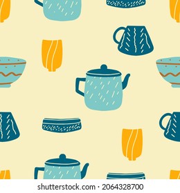 Set of ceramic tableware with design elements. Collection for tea drinking and delicious dishes. Teapot, teapot and mugs. Multicolored ceramics with boho-style drawings. Vector a flat style