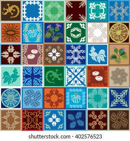 Set of ceramic tiles with botanical drawings. Hand drawn daisies, burdock, lizards, fishes. Bohemian style floral and geometric patterns. Spanish, Italian, Portuguese, Moroccan, Tunisian motifs.