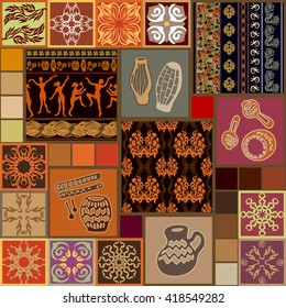 Set of ceramic tiles with drawings inspired by aboriginal art. Dancers, musical instruments, floral borders. Ethnic patterns collection. Terracotta shadows.