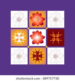 Set of ceramic tiles with flowers and decorative ornaments. Vector illustration.
