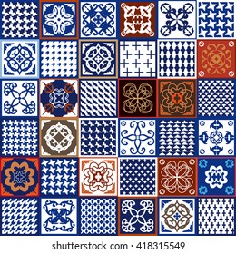 Set of ceramic tiles with geometrical patterns. Italian, Spanish, French motifs. Blue, white and terracotta shadows.