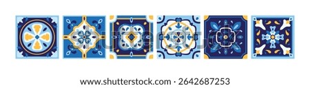 Set of ceramic tiles in navy blue and yellow colors. Kitchen, floor mosaic. Italian, Portuguese ornaments. Geometric vector illustration. Azulejo pattern. Patchwork majolica elements