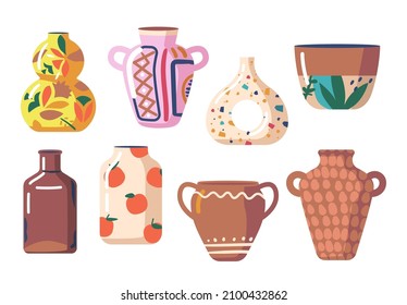 Conjunto de vasos cerámicos, objetos cerámicos coloreados, colección de tazas de cerámica antigua y moderna con flores, patrones florales y abstractos aislados en fondo blanco. Ilustración del vector de dibujos animados