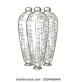 Ponga los jarrones de cerámica con el estilo grabado aislados en el fondo blanco. El contorno de esbozo de vintage se cierra. Diseño de ilustración de vector
