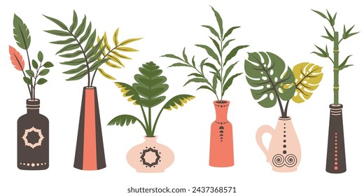 Set of ceramic vases with exotic leaves. Modern clay crockery and pottery with tropic composition. Trendy design for home interior. Hand drawn doodle earthenware different shapes, sizes, color. Vector